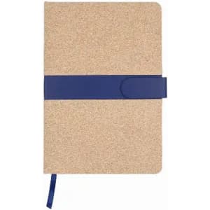 A notebook with a cork cover and a dark blue elastic strap, featuring a ribbon bookmark.