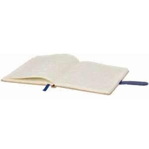 An open notebook with cream-coloured pages and a blue ribbon bookmark. The cover is unmarked.