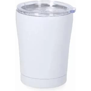 A drink bottle in white with a clear lid and a rounded shape, featuring a logo on the side.