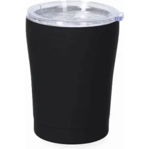 A drink bottle in matte black with a clear lid and a branded design.