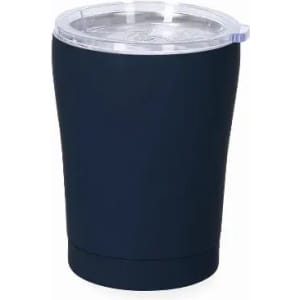 A drink bottle in navy blue with a clear lid, featuring a logo on the front.