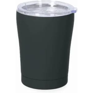 A drink bottle in matte black with a clear lid and a tapered base, featuring a simple design.