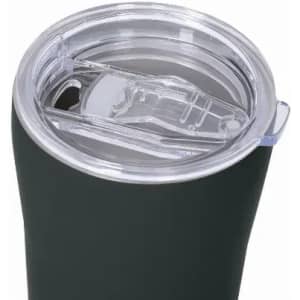 A drink bottle with a dark green exterior and a clear, transparent lid featuring a sipping opening and closure mechanism.