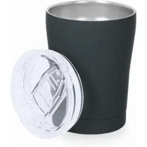 A drink bottle in dark grey with a stainless steel interior and a clear plastic lid. It features a logo.