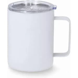 A drink bottle in white with a clear lid and a handle, featuring a logo on the side.