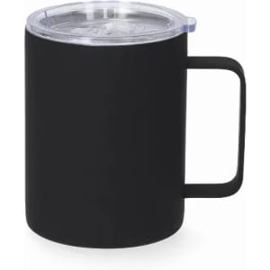 A drink bottle in matte black with a clear lid and a sturdy handle, featuring a simple design.