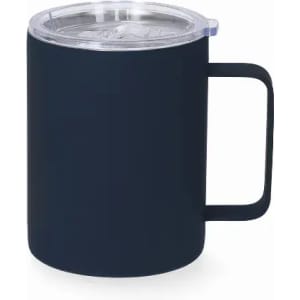 A drink bottle with a dark navy exterior and a clear lid, featuring a sturdy handle.