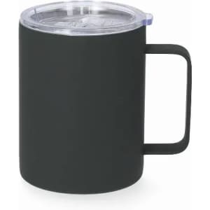 A drink bottle in matte black with a transparent lid and a handle. Features a smooth, modern design.
