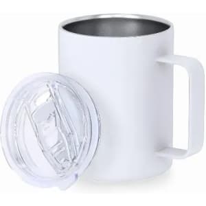 A drink bottle with a white exterior and a metal interior, featuring a clear lid and handle.