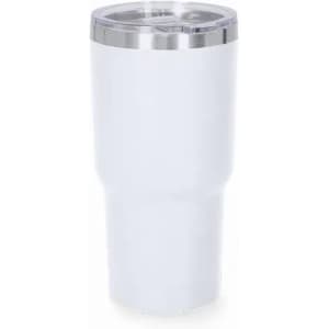 A drink bottle in white with a silver lid, featuring a sleek, tapered design and a clear opening.
