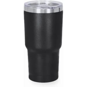 A drink bottle in matte black with a silver rim and clear lid, featuring a simple, modern design.