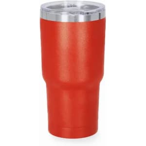 A drink bottle in vibrant red with a silver rim and a clear lid, featuring a sleek design and modern style.