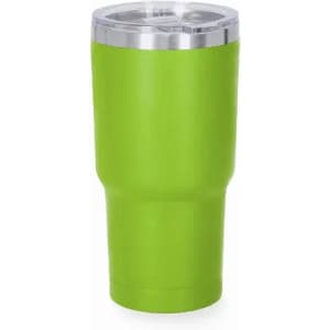 A drink bottle in vibrant green, featuring a stainless steel lid with a clear plastic top and a glossy finish.