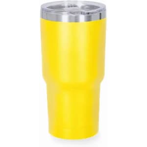 A drink bottle in vibrant yellow with a stainless steel lid, featuring a sleek design and a logo.