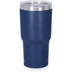 A drink bottle in navy blue with a stainless steel lid and a sleek design. Features a logo on the surface.