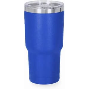 A drink bottle in vibrant blue with a stainless steel lid and a sleek design, featuring a logo on the front.