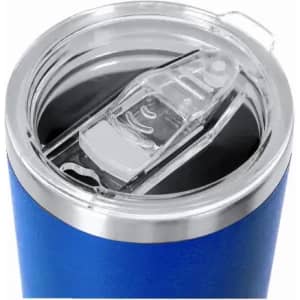 A drink bottle with a blue exterior and a transparent lid featuring a straw opening. It has a silver rim and a logo.