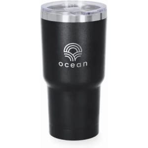 A drink bottle in matte black with a silver lid and a logo on the front.