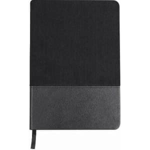 A notebook with a textured black cover and a smooth black base, featuring a ribbon bookmark.