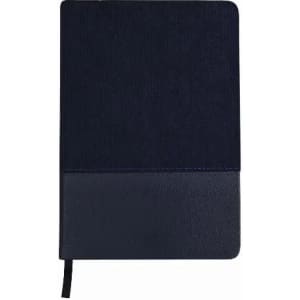 A navy notebook featuring a textured cover with a smooth leather-like bottom and a ribbon bookmark.