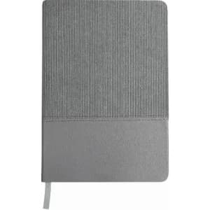A grey notebook with a textured cover and a smooth bottom section, featuring a ribbon bookmark.