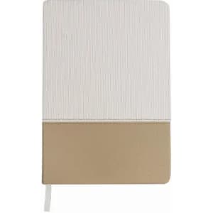 A notebook with a textured white upper section and a smooth beige lower section, featuring a logo.