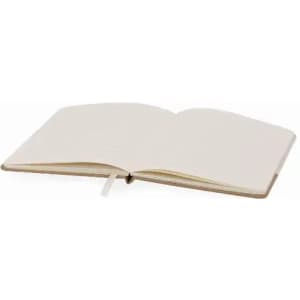 An open notebook with blank, lined pages and a textured cover, featuring a ribbon bookmark.