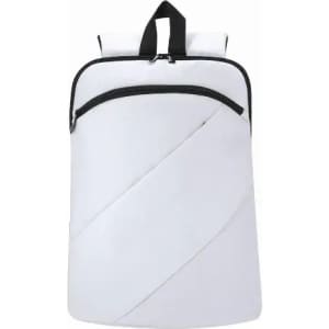 A backpack in white with a black zip and patterns, featuring a top handle and flap design.