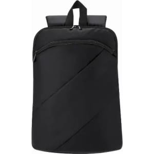 A backpack in black with a diagonal design and a top handle, featuring a front zippered pocket.