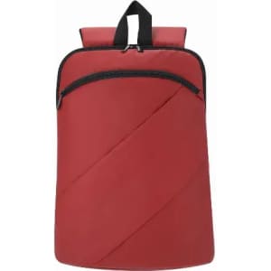 A red backpack with a diagonal zip pocket and a top handle, featuring a sleek and minimalist design.
