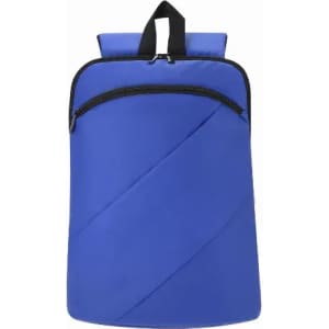 A blue backpack with a diagonal patterned front and a top handle, featuring a zippered compartment.
