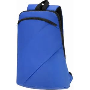 A blue backpack with a sleek design and a zippered pocket on the front. It features adjustable straps.