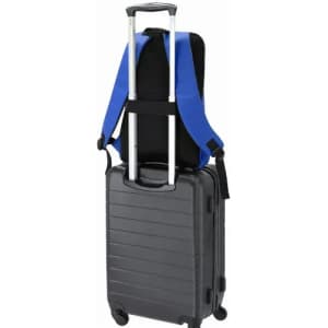 A suitcase with a black exterior and wheels, featuring a blue backpack attached to its handle.