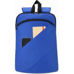 A blue backpack featuring a zippered compartment and a front pocket with a phone and a notebook visible.