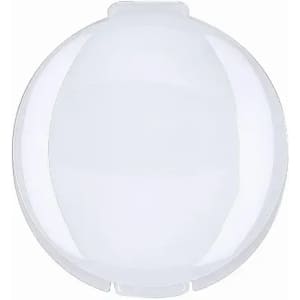 A drink bottle in a transparent white design, featuring a round shape and a lid. It has a logo.