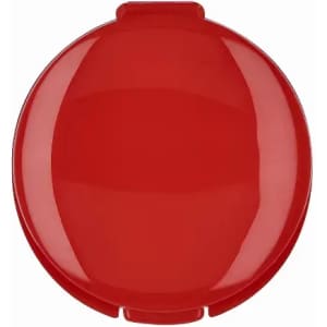 A red drink bottle cap with a smooth, shiny surface and a central opening. It features a logo.