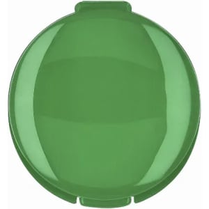 A round, green drink bottle lid with a smooth surface and a simple design. It features a logo on the top.