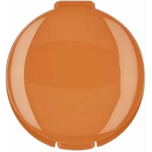 An orange drink bottle cap with a smooth surface and a central indentation, featuring a logo.