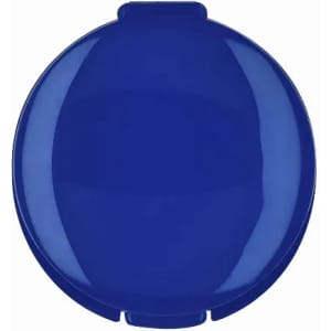 A blue drink bottle with a smooth surface and a secure lid, featuring a brand logo.