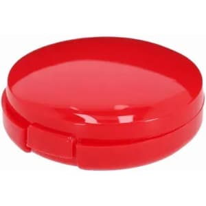 A red round container with a smooth, glossy surface and a small opening mechanism. It features a branding logo.