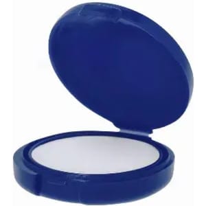 A compact with a blue exterior and a mirror inside, featuring a blank surface.