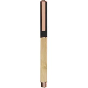 A luxurious pen featuring a gold barrel, black top, and a sleek design with a logo.