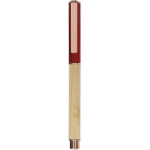 A pen with a gold textured barrel and a deep red top, featuring a logo.