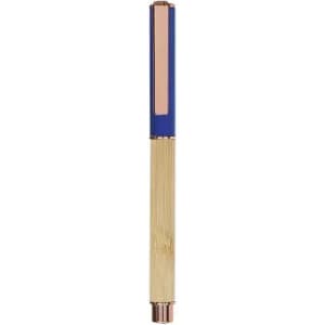 A blue and gold pen with a textured barrel and a sleek design. The pen features a clip and has a polished finish.