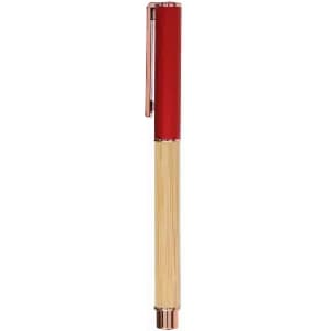 A pen with a red top and a beige bamboo body, featuring a metallic clip and accents.