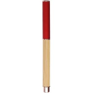 A drink bottle with a red top and a bamboo-like base featuring a logo.