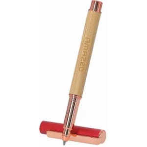 A pen with a bamboo barrel and a rose gold clip, featuring a matching rose gold base. Brand logo is visible.