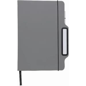 A grey notebook with a black elastic band and a side pocket for holding cards or notes.