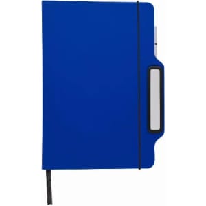 A blue notebook with an elastic closure, a side pocket, and a black ribbon marker. It features a branding logo.