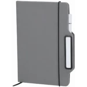 A grey notebook with an elastic band, featuring a pen holder and a ribbon bookmark. It has a logo on the cover.